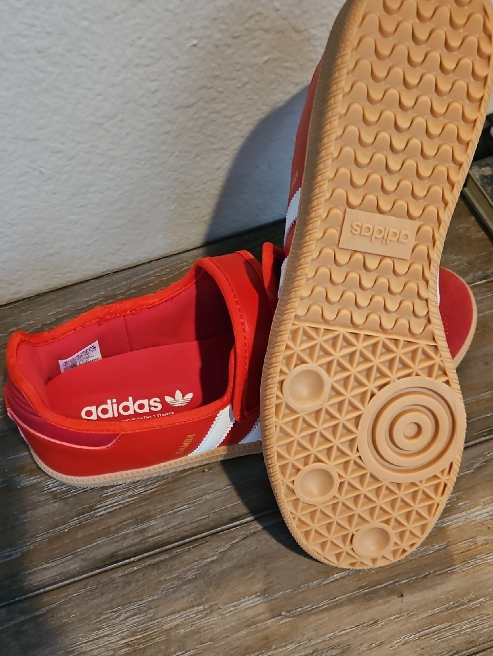 adidas Red Mary Jane Sneakers with White Stripes and Gum Sole - Picture 5 of 7
